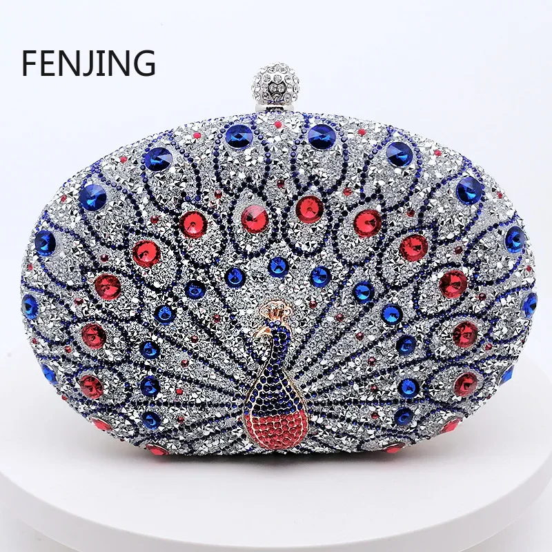 Circular Design Women Evening Bags Rhinestones Party Wedding Bridal Clutch Bag Diamonds Metal Peacock Animal Small Handbags 2024