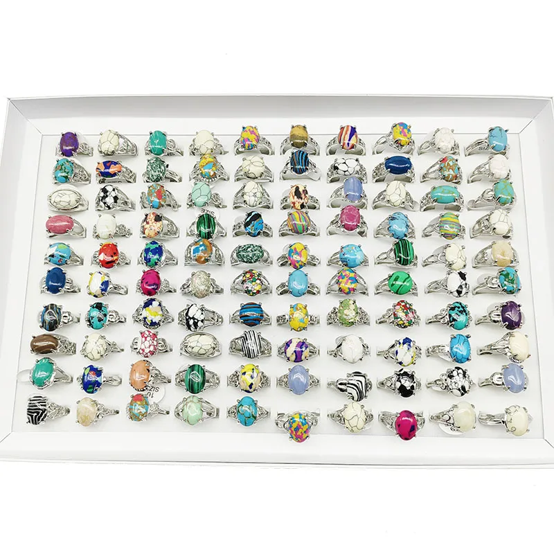 20 teile/los Großhandel Bunte Oval Naturstein Finger Ringe Für Frauen Böhmen Mix Stil Silber Farbe Hohl Legierung Metall Schmuck – Detail 7