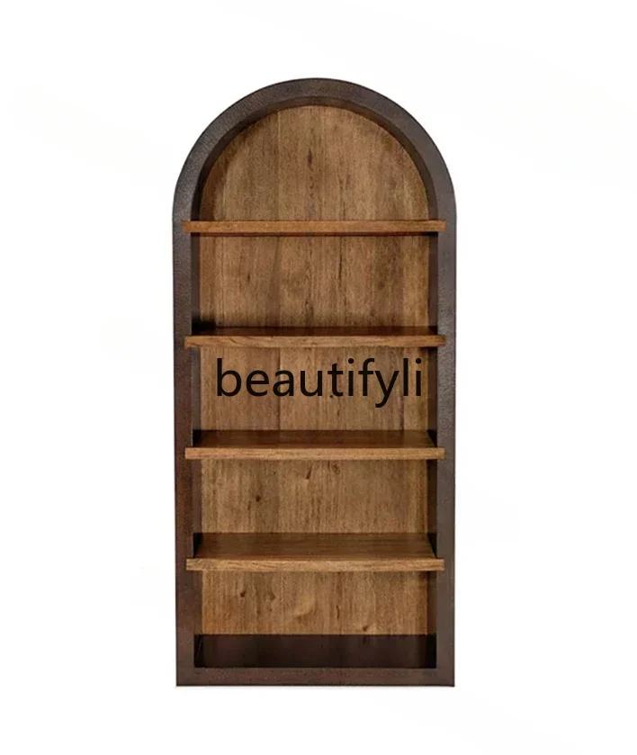 

American light luxury solid wood bookcase simple two-color doorless storage shelf French retro arched decorative cabinet