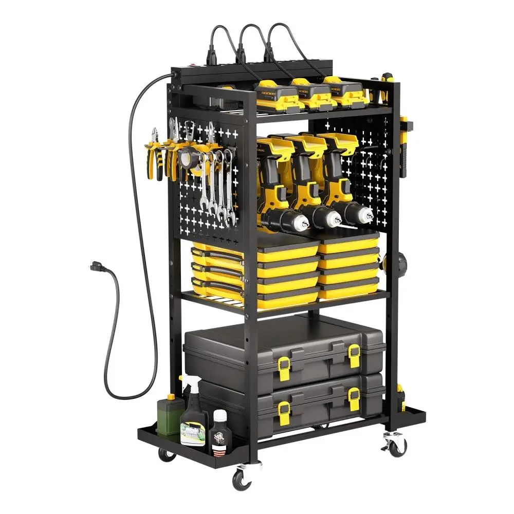 

4 Tier Mobile Tool Organizer Cart with Charging Station Rolling Garage Storage Utility Trolley