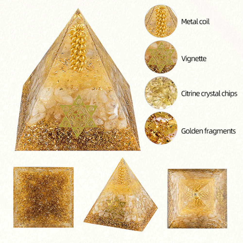 Orgonite Natural Citrine Pyramid Chakra Healing Crystal Attracts Wealth Prosperity Success Gemstone Desktop Ornament Home Decor