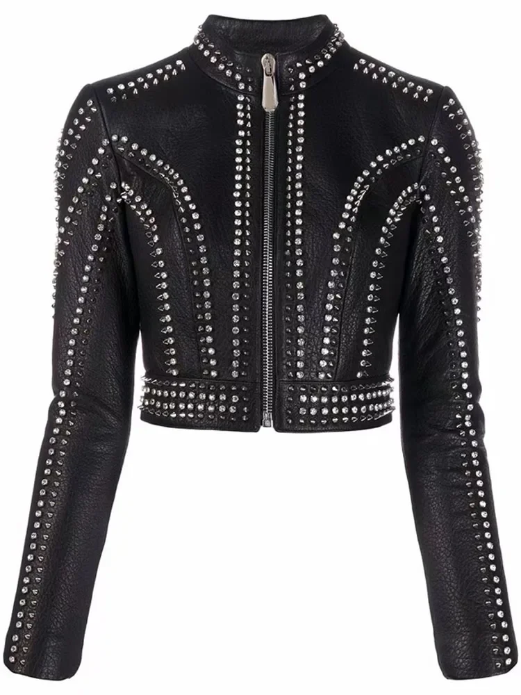 Kurze Länge Echt lederjacke neue Mode Frauen Mantel Frühling O-Ausschnitt Kragen Kleidung Diamanten schwere Verzierung yh676