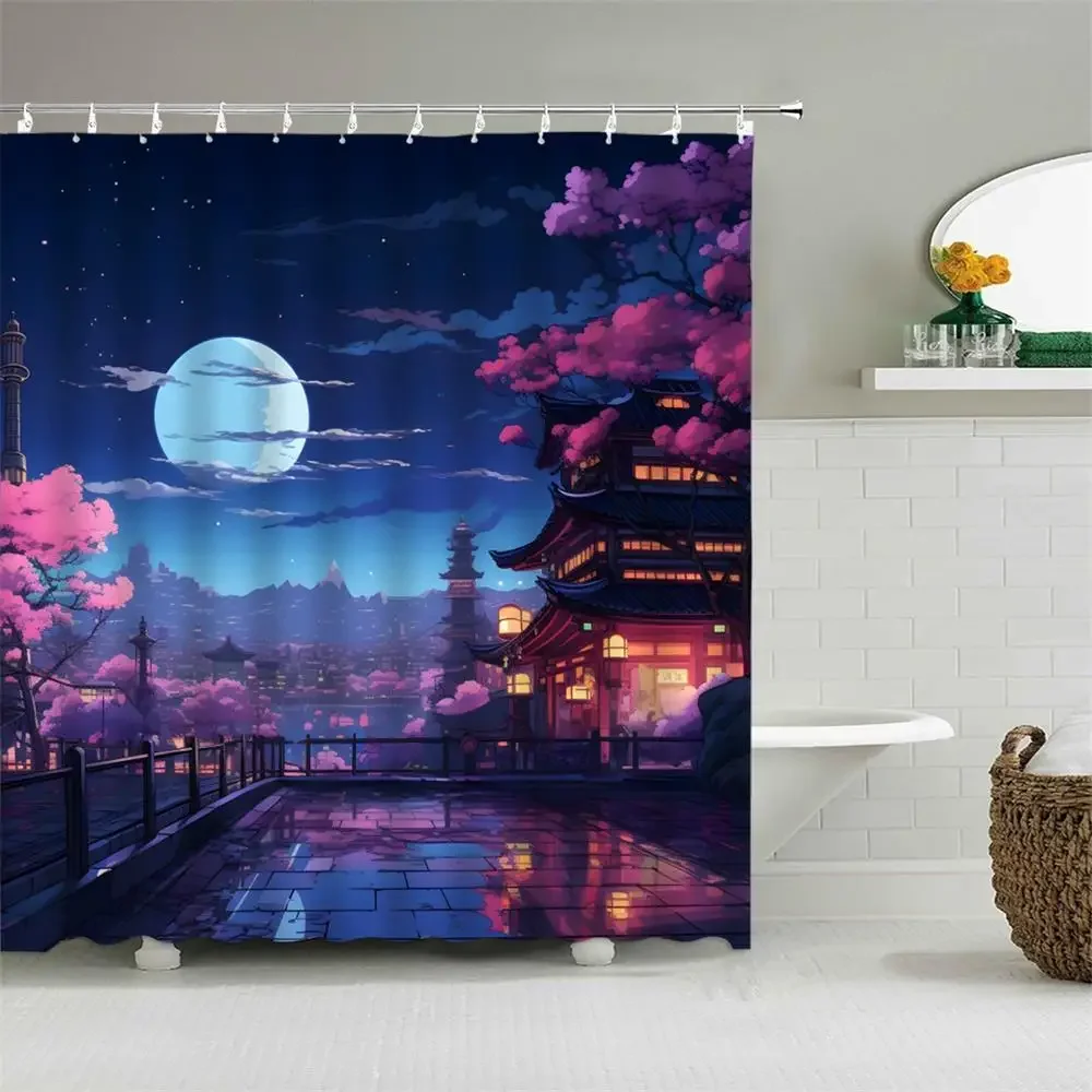 Japan Tokyo Shower Curtain Manga City Night Sky Moon Cherry Blossom Loft Print Polyester Fabric Bathtub Partition Bathroom Decor