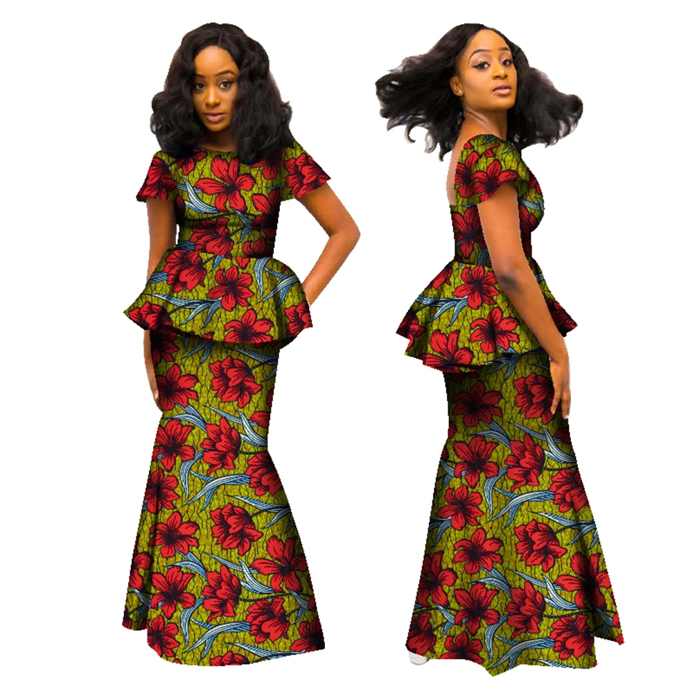 Bintarealwax African Skirt for Women Dashiki Backless O-Neck Short Sleeve Tops & Long Skirt 2 Pieces Set Africa Clothes WY1695