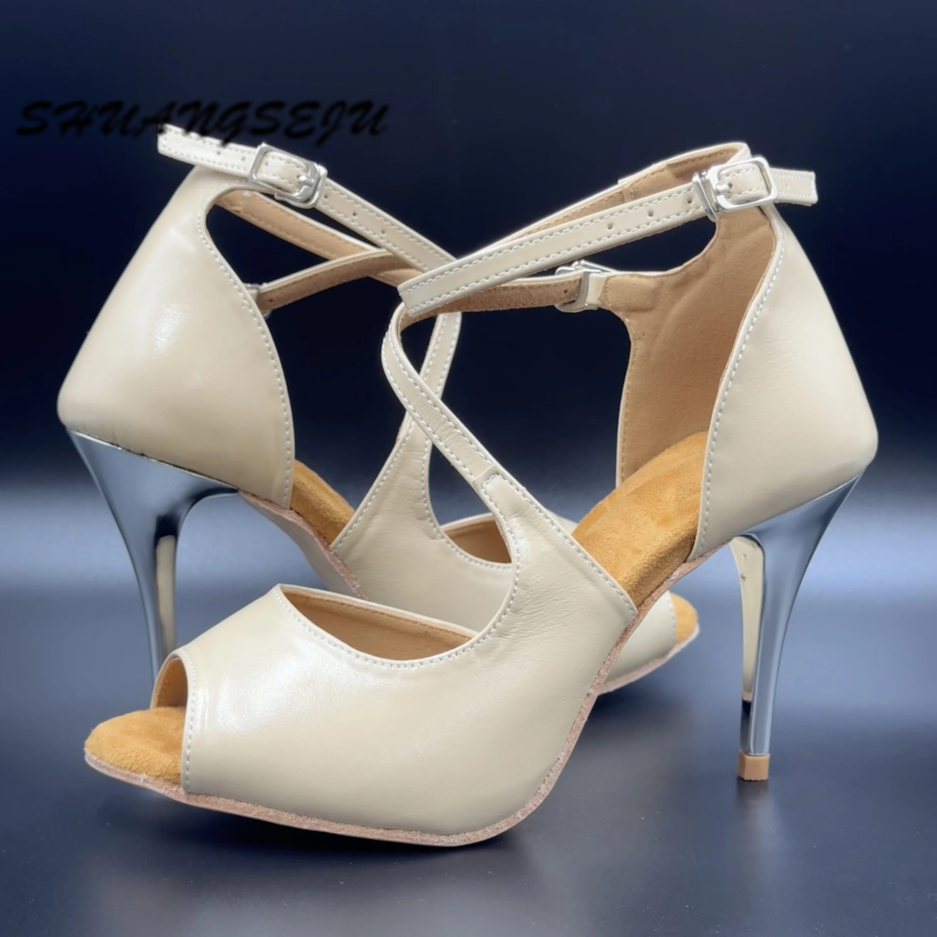 SHUANGSEJU Light Patent Leather Professional Argentine Tango & Latin Dance Shoes, Cowhide Sole, 7.5cm 8.5cm Electroplated Heel