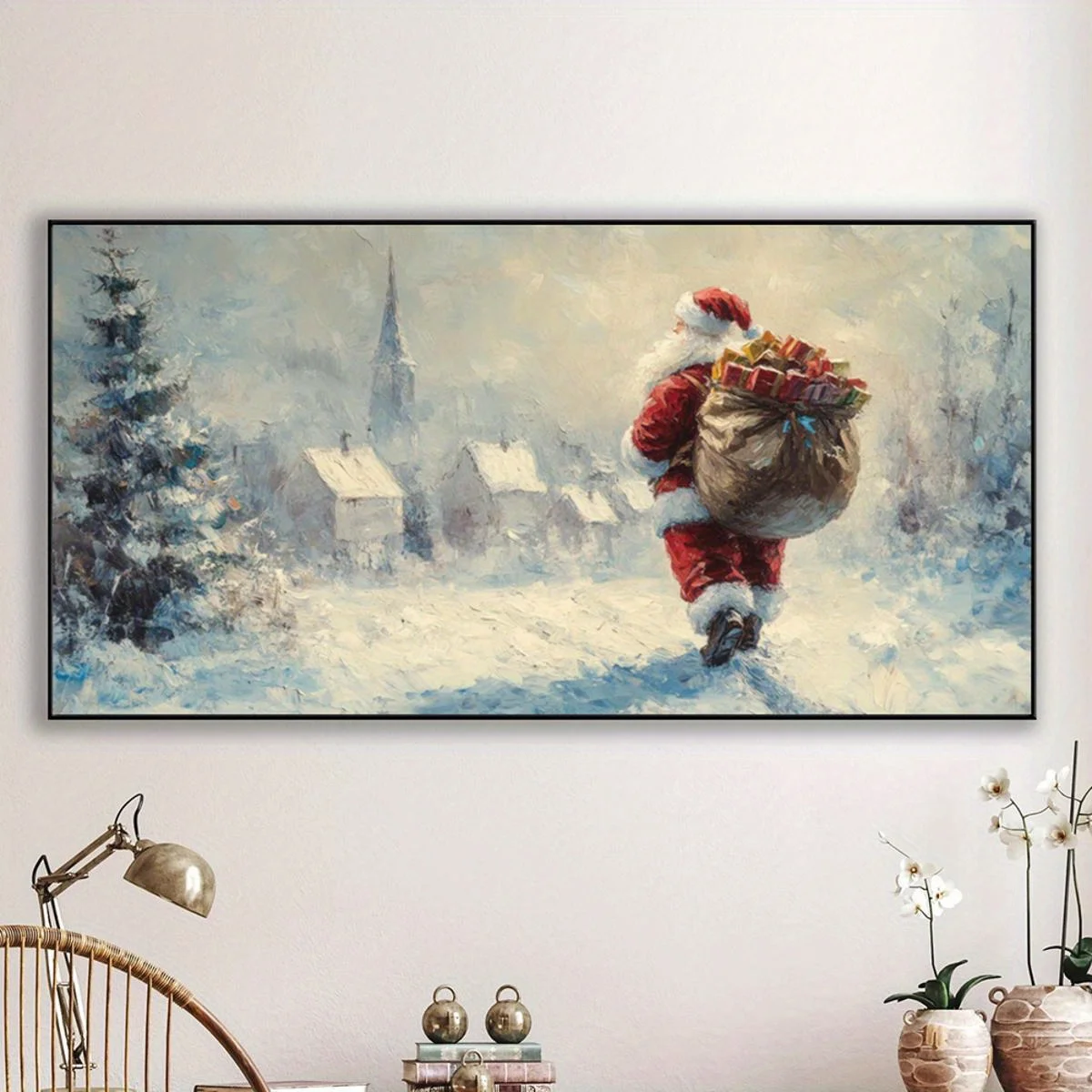 1 Large Horizontal Unframed Canvas Wall Art - Vintage Modern Santa Claus Christmas Winter Scene Panoramic Print, Premium Canvas