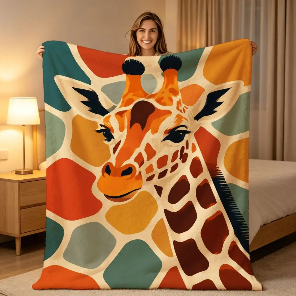 Cozy Giraffe Face Print Throw Blanket Throw Fleece Knit Bed Cover Trendy Animal Print Decor Safari Jungle Accent Throw for Couch