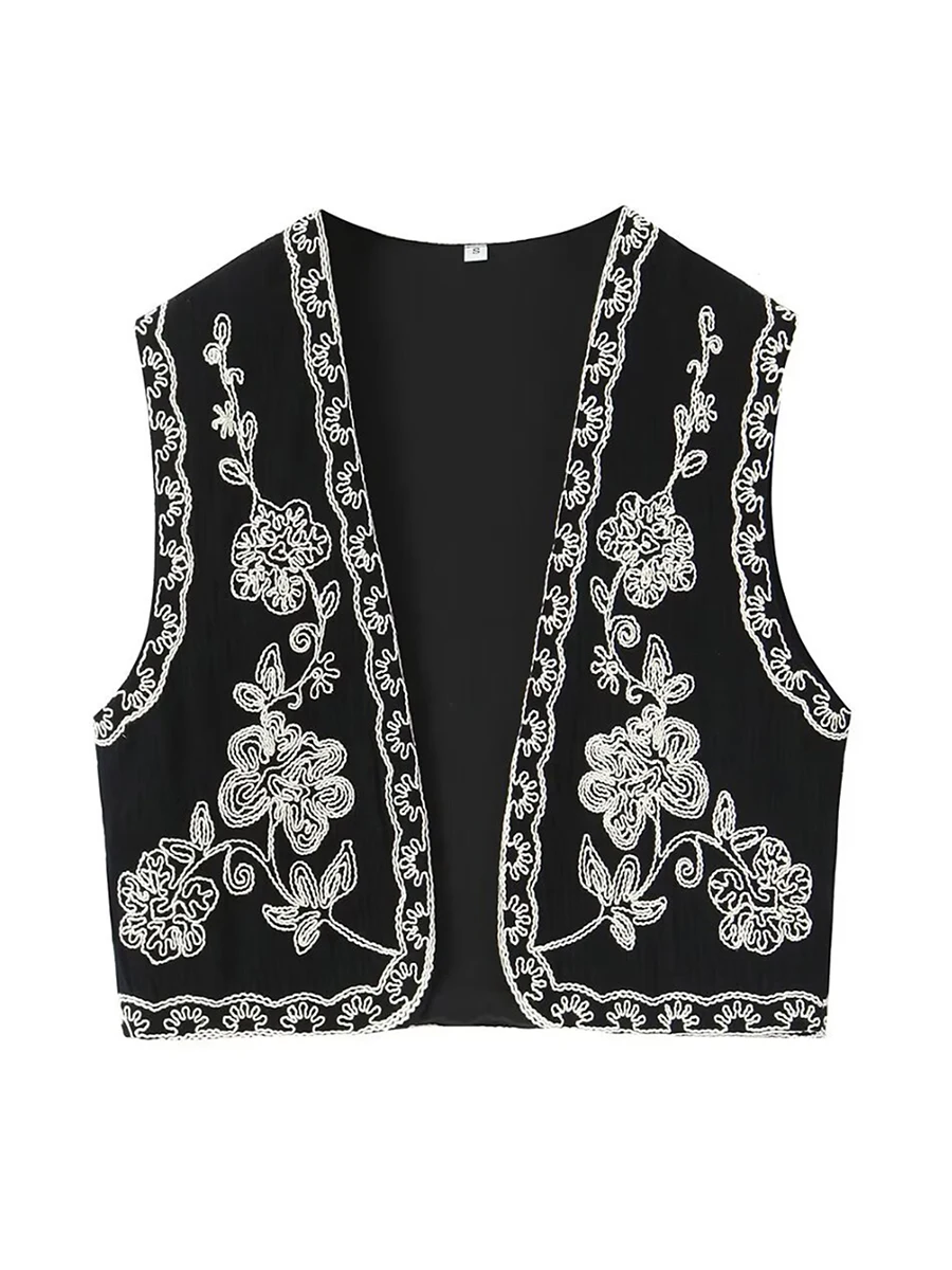 Women'S Floral Embroidered Vest Jacket  Spring and Autumn Sleeveless Front Open Short Floral Embroidered Vest Jacket