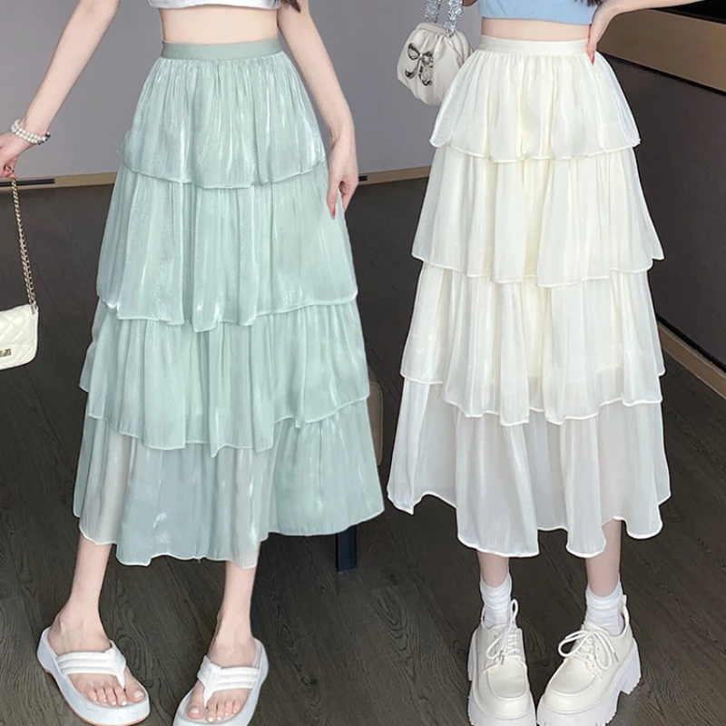 

Summer Long Skirt Women Elegant Layered Ruffles Cake Skirts Female Fashion Flowing yarn Skirt Ladies Solid Pleated Summer Skate