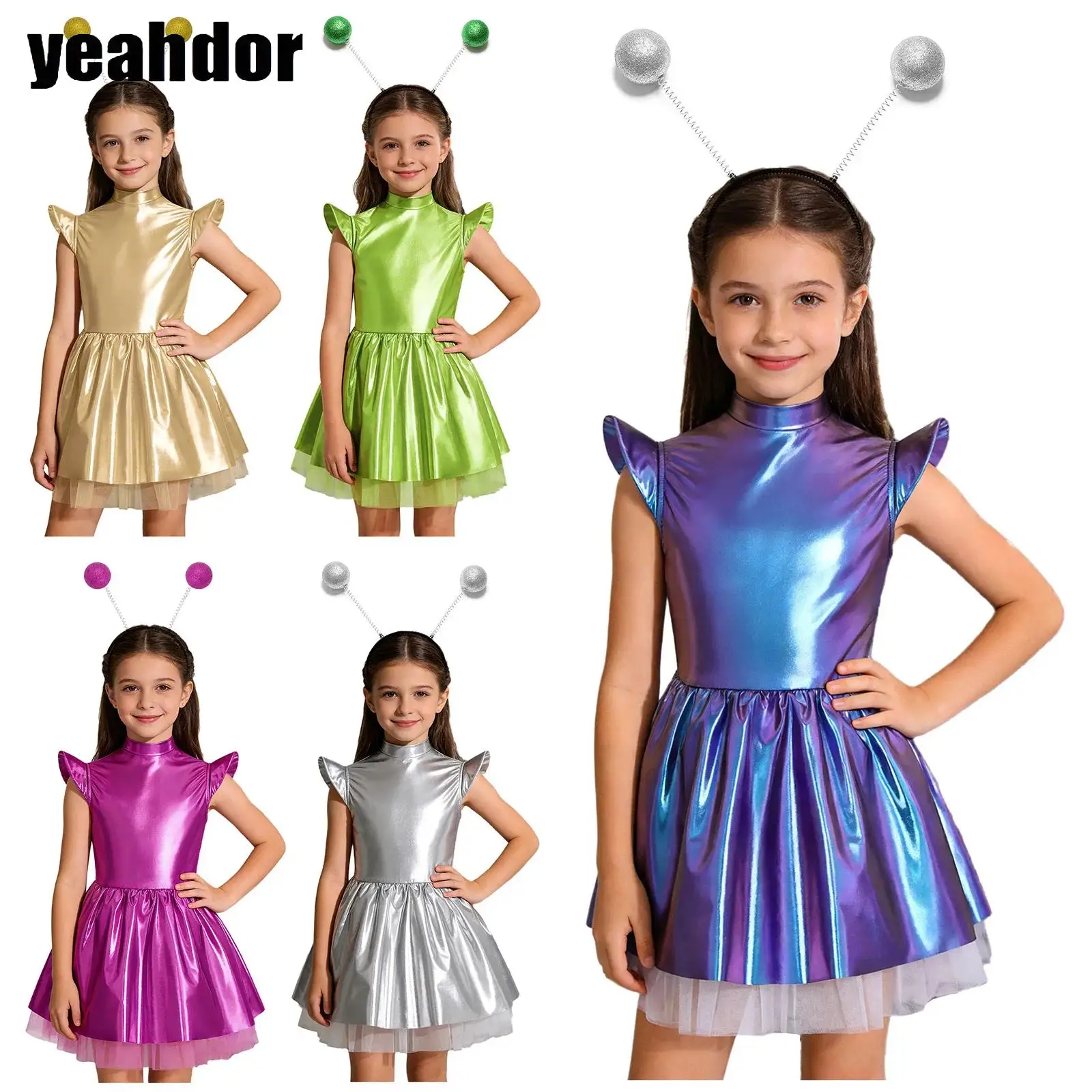 

Детский костюм для девочек: платье принцессы, робота, астронавта, галактическое, переливающееся, глянцевое, с рюшами, для балета и танцев