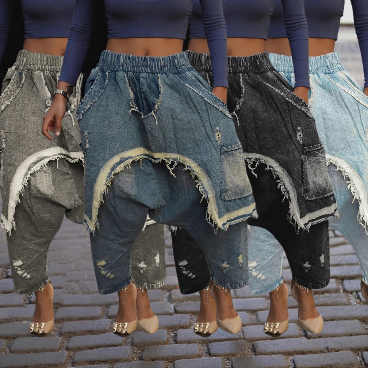 Jeans Women Harem Pants Hole Elastic Waist Tassels Washed Denim Pants Punk Y2k Streetwear 2025 Ripped Ankle Length Trousers