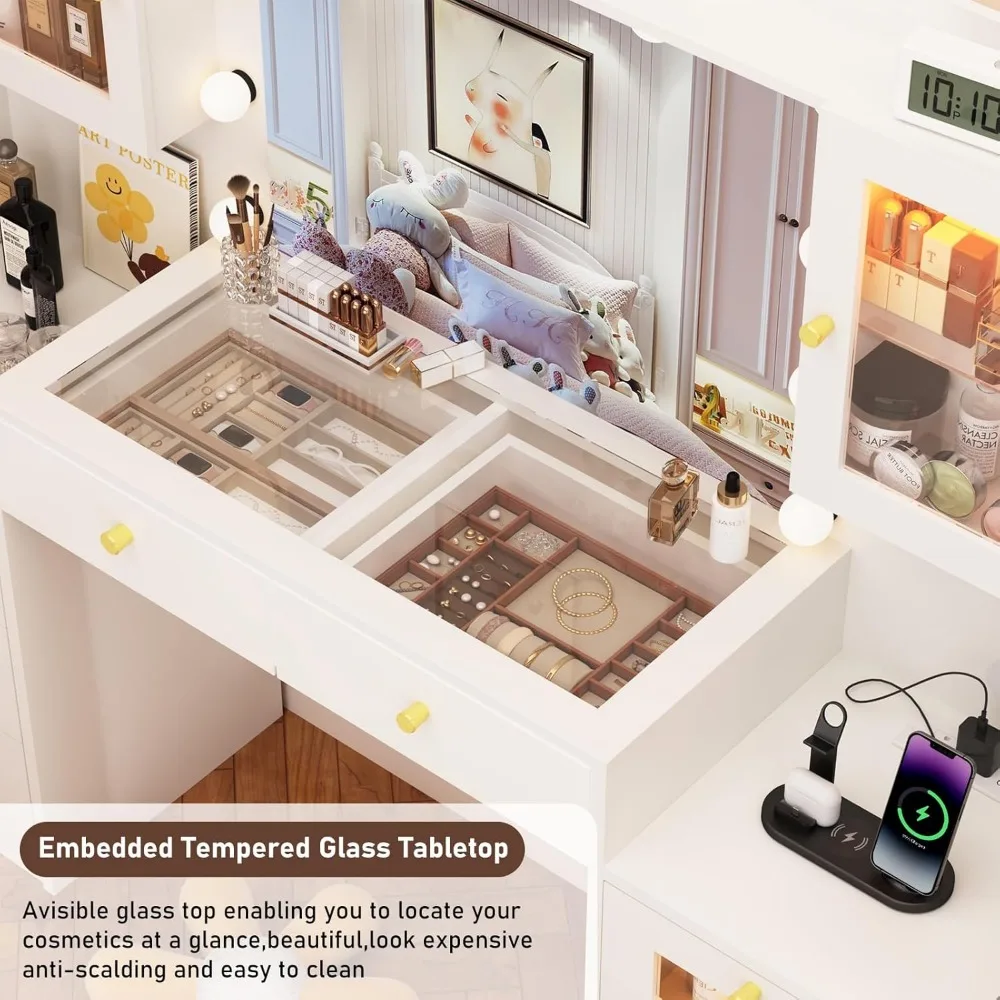 مكتب مكياج كبير مقاس 62 بوصة مزود بمرآة مضيئة وسطح زجاجي ومخرج طاقة وتخزين 8 أدراج