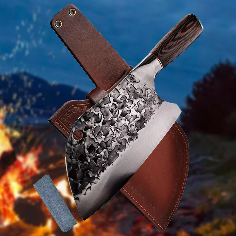 Forged Butcher Knife Traditional Hammer Stainless Steel Knife Chef's Chopper Cook Handmade Kitchen Knives Sheath Sharpener Stone