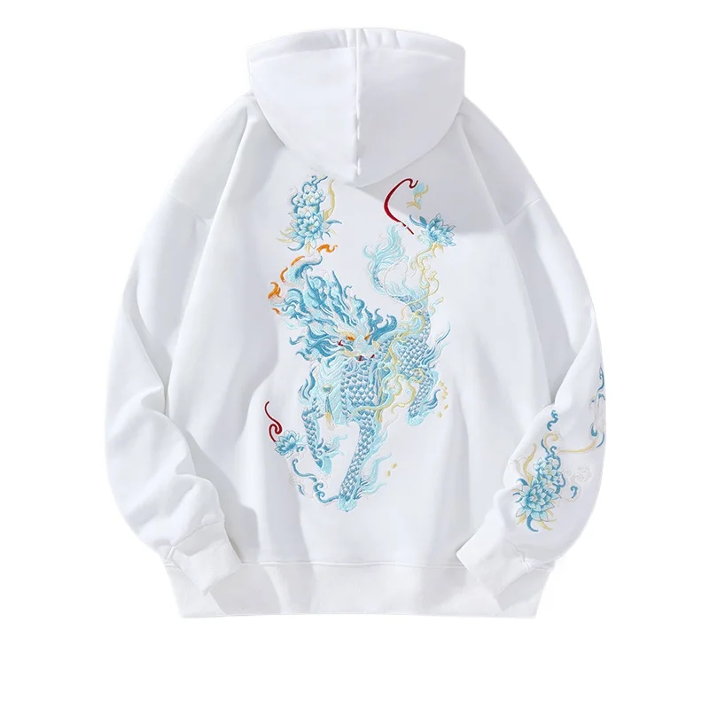 Vintage Hoodies Men Dragon Embroidery Hoodies Women Hip Hop Hooded Sweatshirt Chinese Streetwear Hoody Cotton Fleece Pullover