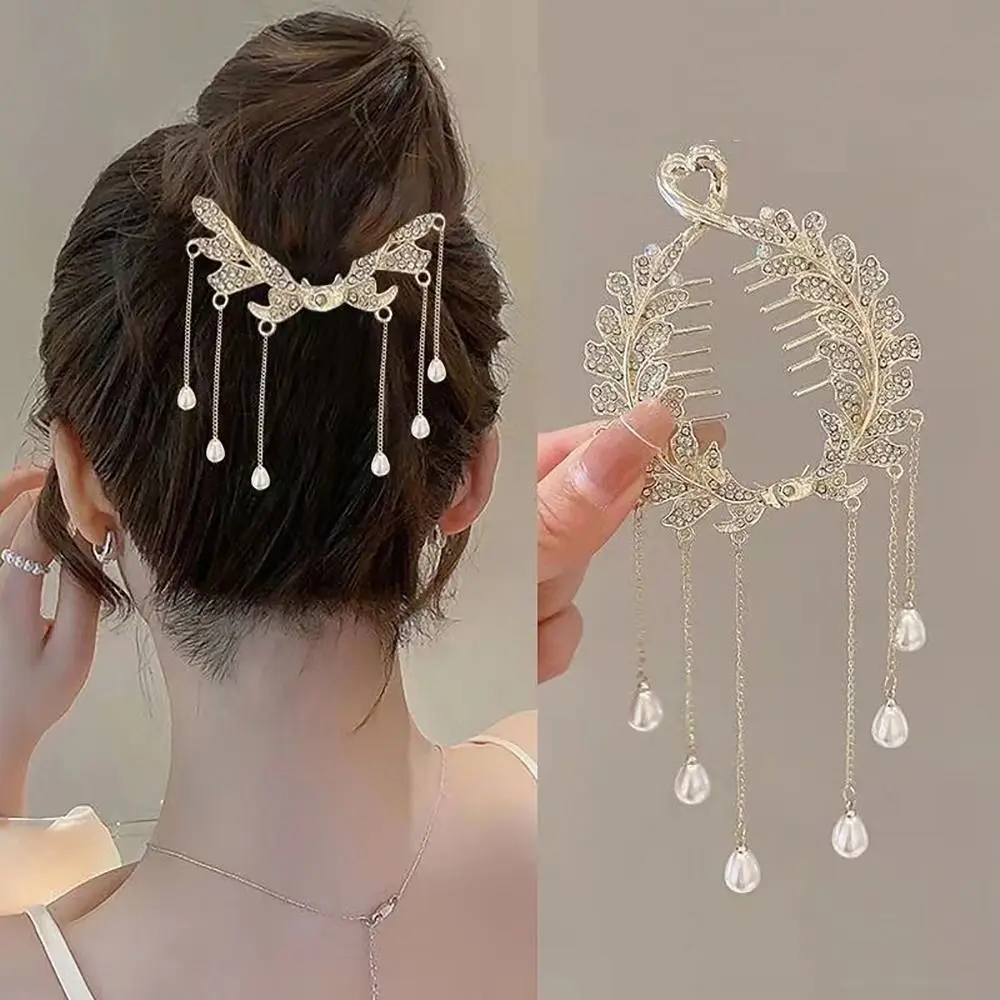 Elegant Retro Meatball ผมคลิป Floristic Pearl CHAIN ผม Claw ผมหางม้า Hairpins ผู้หญิง