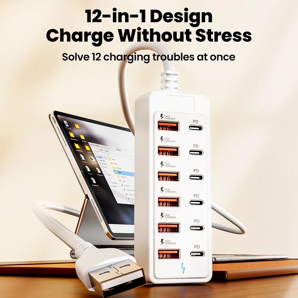 12 in 1 USB Charger Fast Charging 6USB 6 PD High Speed Data Transfer Power Strip Desktop Charging Station USB HUB Adapter Socket