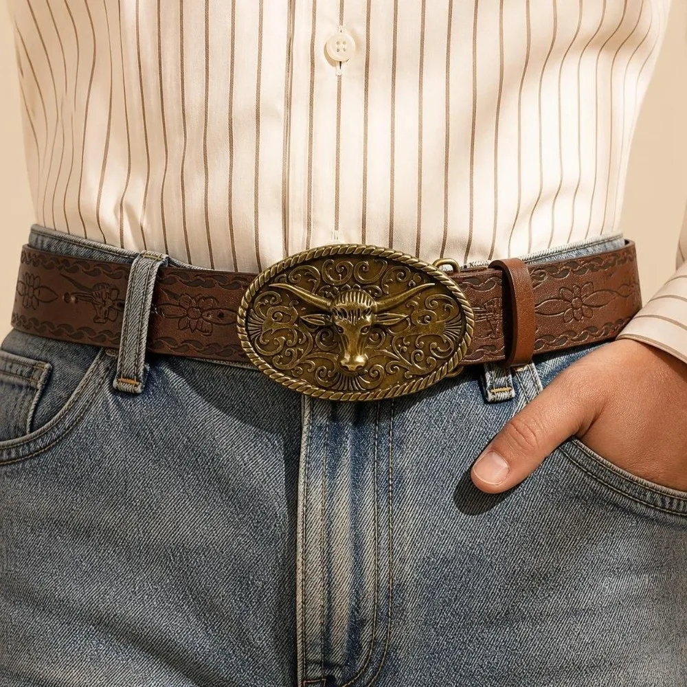 Ox Head Carved Buckle Western Cowboy Belt Bohemian Print Design Leather Texture Carved Buckle Belt Adjustable Length