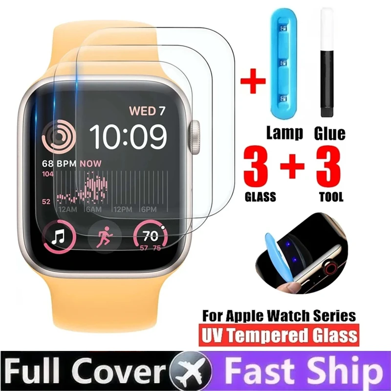 3PCS UV Screen Protector for Apple Watch 10 9 8 7 45MM 41MM 6 5 4 SE 40MM 44MM Tempered Glass for IWatch 38MM 42MM Protective