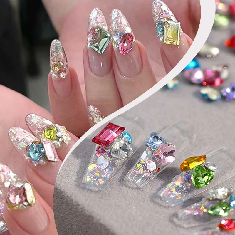 Gelo transparente doces strass unhas coloridas, irregular decoração, misturado brilhante lantejoulas acessórios, unhas pedras decorações, 2Box