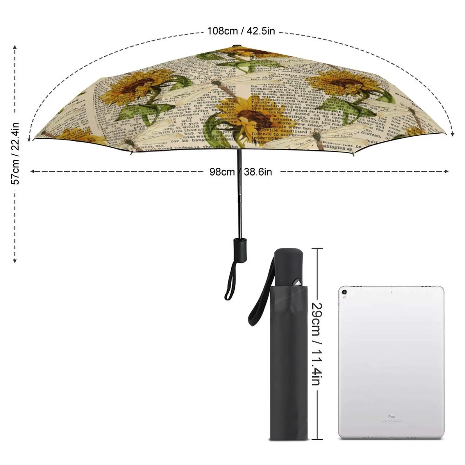 Old Newspaper Umbrella Sunflowers Dragonflies Protection Auto Umbrella Cool Painting Compact Outdoor Umbrella