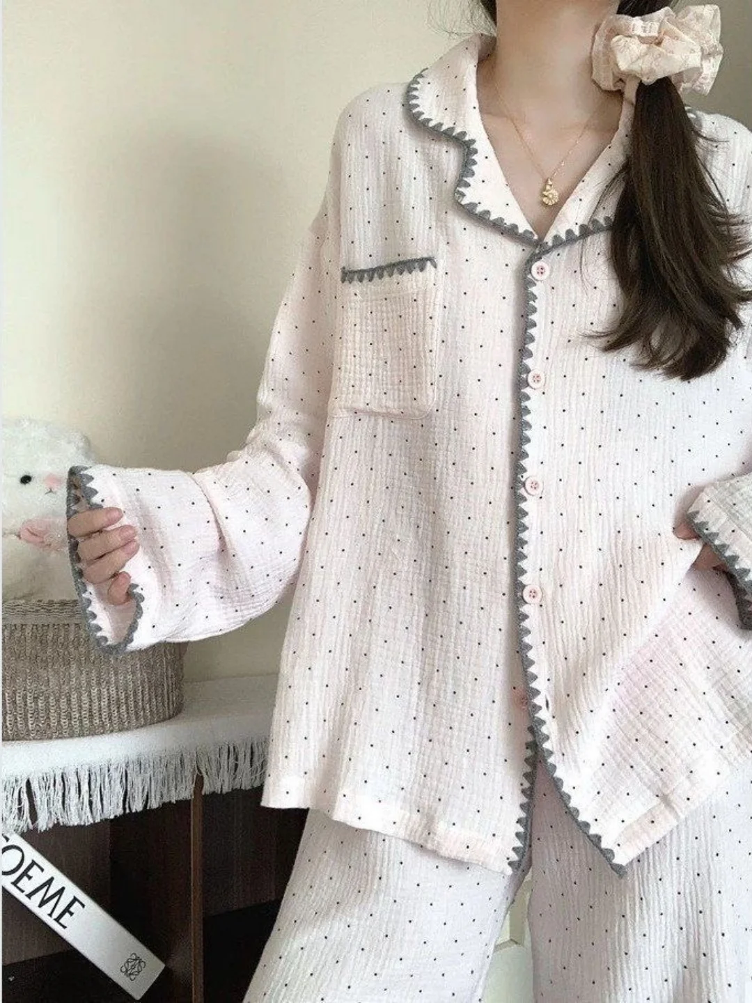 Cute Polka Dot Cloud Cotton Pajamas Long Sleeve Long Pants Home Clothes Can Be Worn outside Girl Feeling Autumn Winter New Style