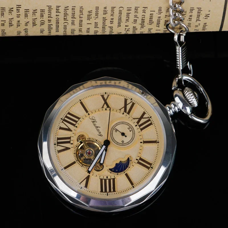 Luxury Vintage Open Face Multifunctional Moon Hand-winding Tourbillon Mechanical Pocket Watch Roman Number Fob Watches Gift