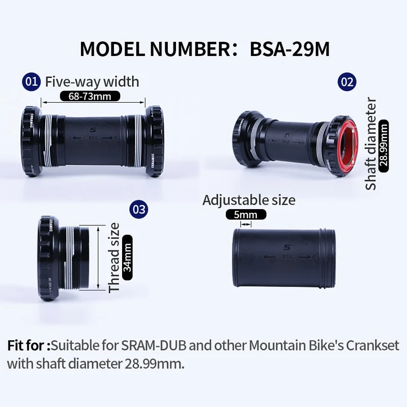 SENICX Bsa 68/73 Thread Bottom Bracket Suitable for SRAM / DUB Mountain Bike Ceramic BB Bicycle Center Shaft Crank 28.99mm Axis