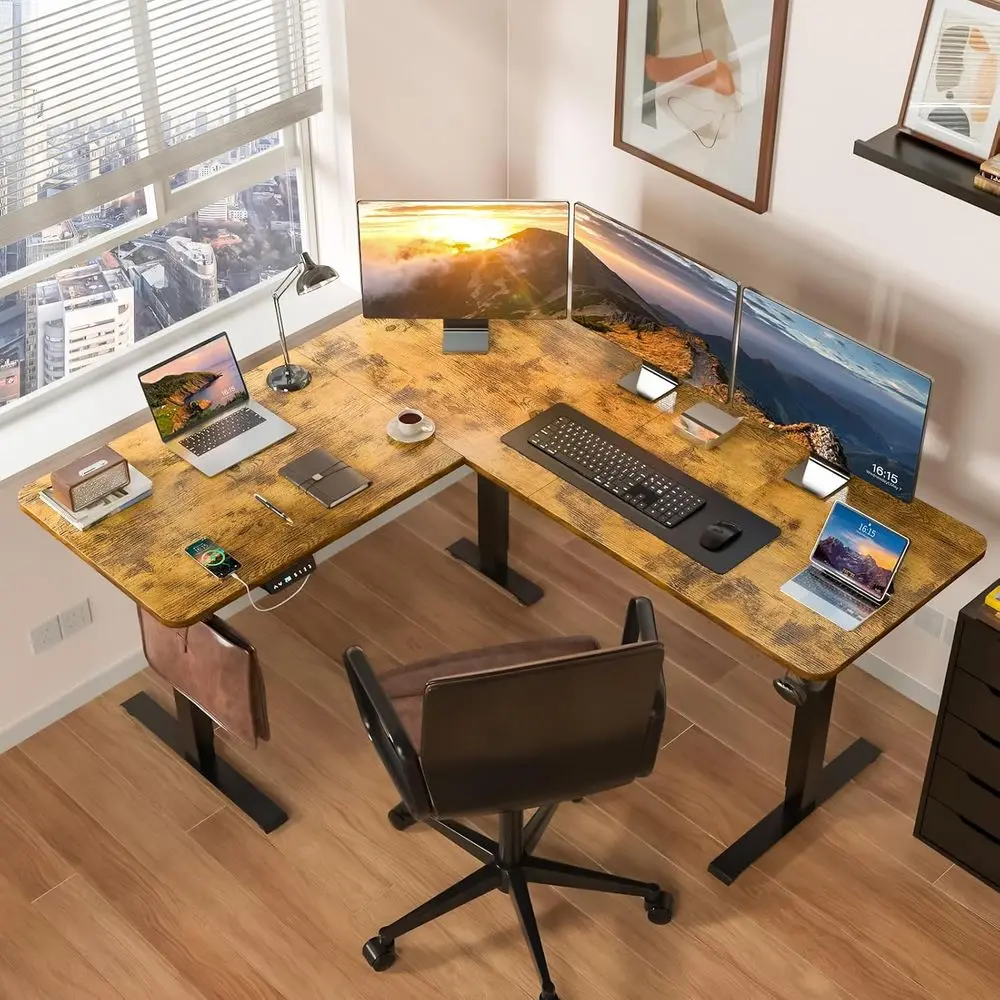 Ergonomic L-Shaped Electric Adjustable Standing Desk, 63x55, Rustic Brown for Home Office