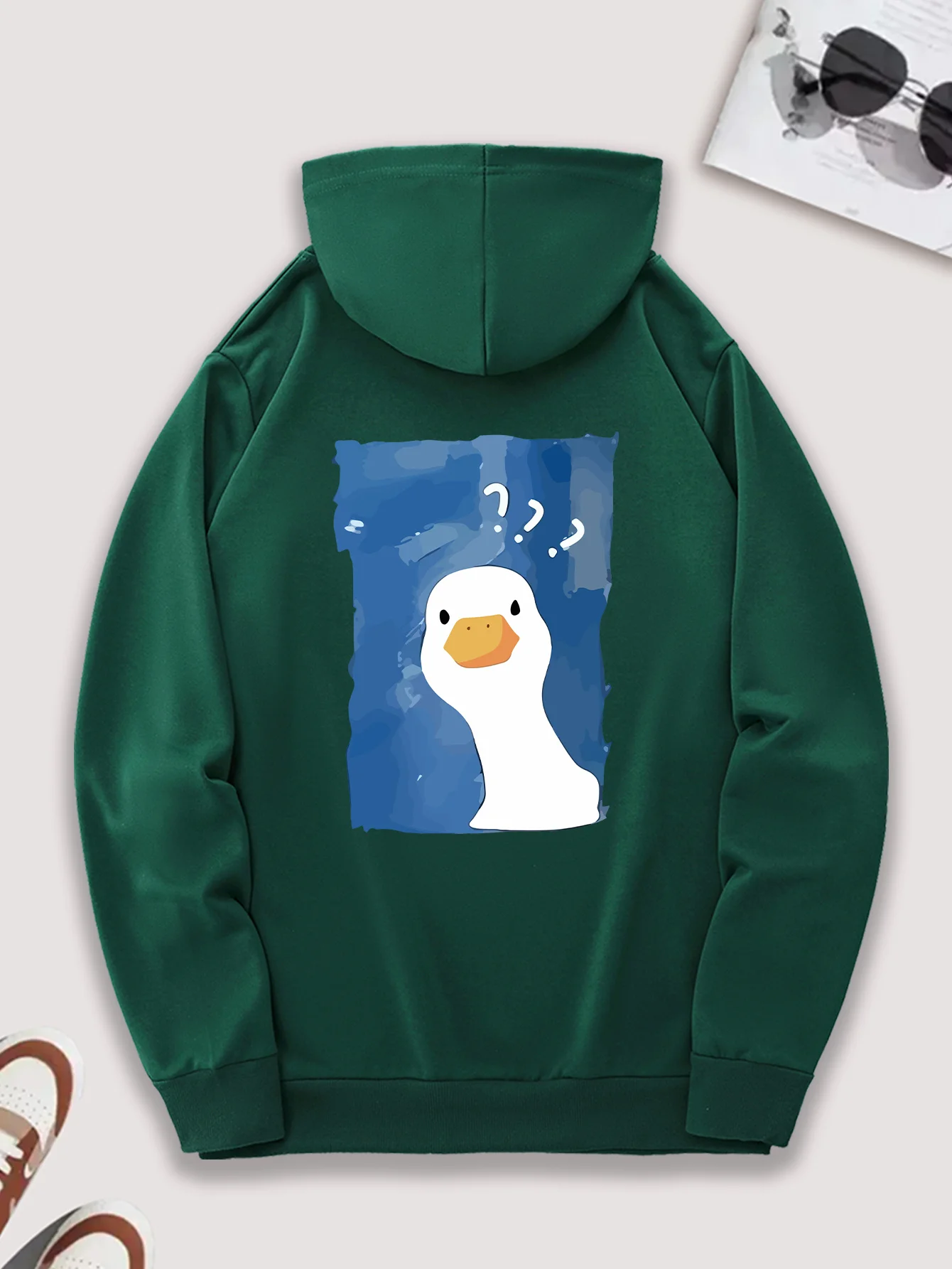 Мужская толстовка с капюшоном в американском стиле High-Street 2025 года с игривым рисунком утки и геометрическим принтом — регулируемый капюшон на шнурке, карман Kangaroo
