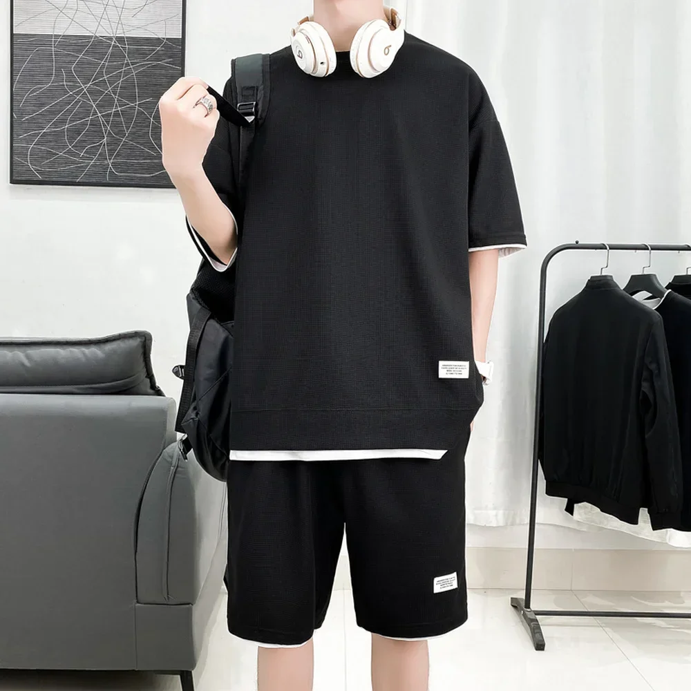 Waffel Muster 2 Stück Männer Shorts Set Sommer Trainingsanzug Männer Mode Kleidung Harajuku Stil Japan Mode Lose Fit Sweatsuit