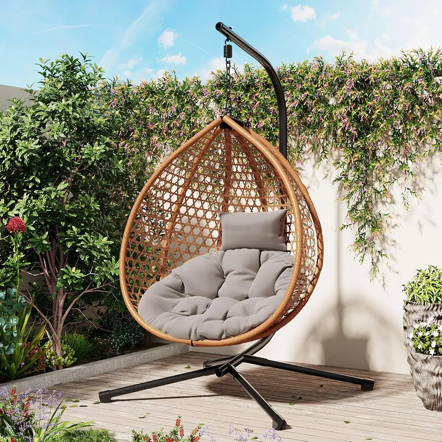 Hammock Chair with Stand, Foldable Egg Chair, Brown | HDPE Rattan Weave, Removable Cushion, Indoor Outdoor Use, Foldable Frame,