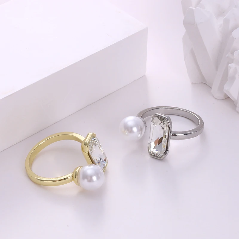 Shaped High Highlight Crystal Open Ring Simple Hand Jewelry High Purity White Pearl With Stone Comfortable Wear