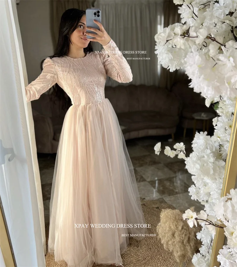 XPAY Modest Glitter Muslim Arabic Customised Long Sleeves Tulle Floor Length Blush Pink Evening Gowns Formal Party Dress