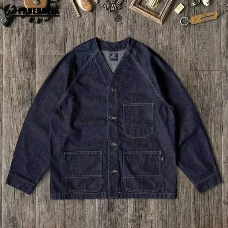 

Large Size M-5XL Mens Denim Jacket Japanese Retro Tooling Multiple Pockets Cowboy Cardigan Heavy Weight V-neck Casual Coats