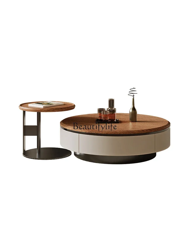 Medieval coffee table walnut color round coffee table TV cabinet combination wood grain surface