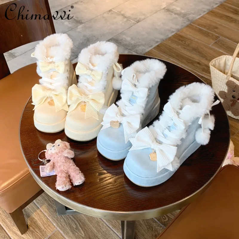 

Lolita Cute Bow Boots Winter 2025 New Daily Sweet Girl Women's Warm Snow Boots Y2k Furry Patchwork High Heels