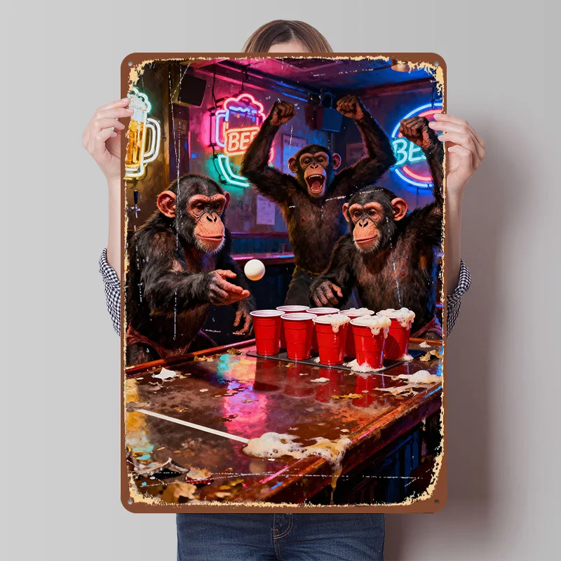 Chimpanzees Playing Beer Pong in a Bar Tinplate Poster Customized Wall Art Vintage Metal Signs Retro Tin Plaque for House Home