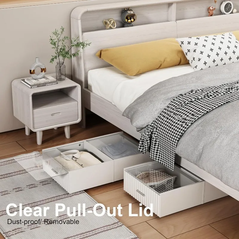 Under Bed Storage with Wheels, Rolling Fluted Under Bed Drawers, Wooden Underbed Storage Bins with Clear