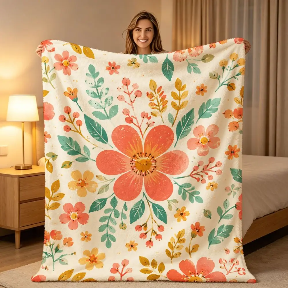 Chunky Floral Throw Blanket Polyester Nap Cozy Decorative Spring Botanical Print for Living Room Home Decor Gifts