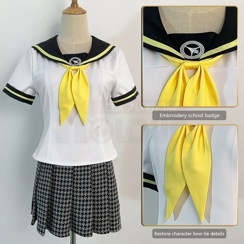 HOLOUN P4 Game Kujikawa Rise Cosplay Costume Embroidery School Badge Plaid Pattern Skirt Summer Version Sailor Top Bow-knot