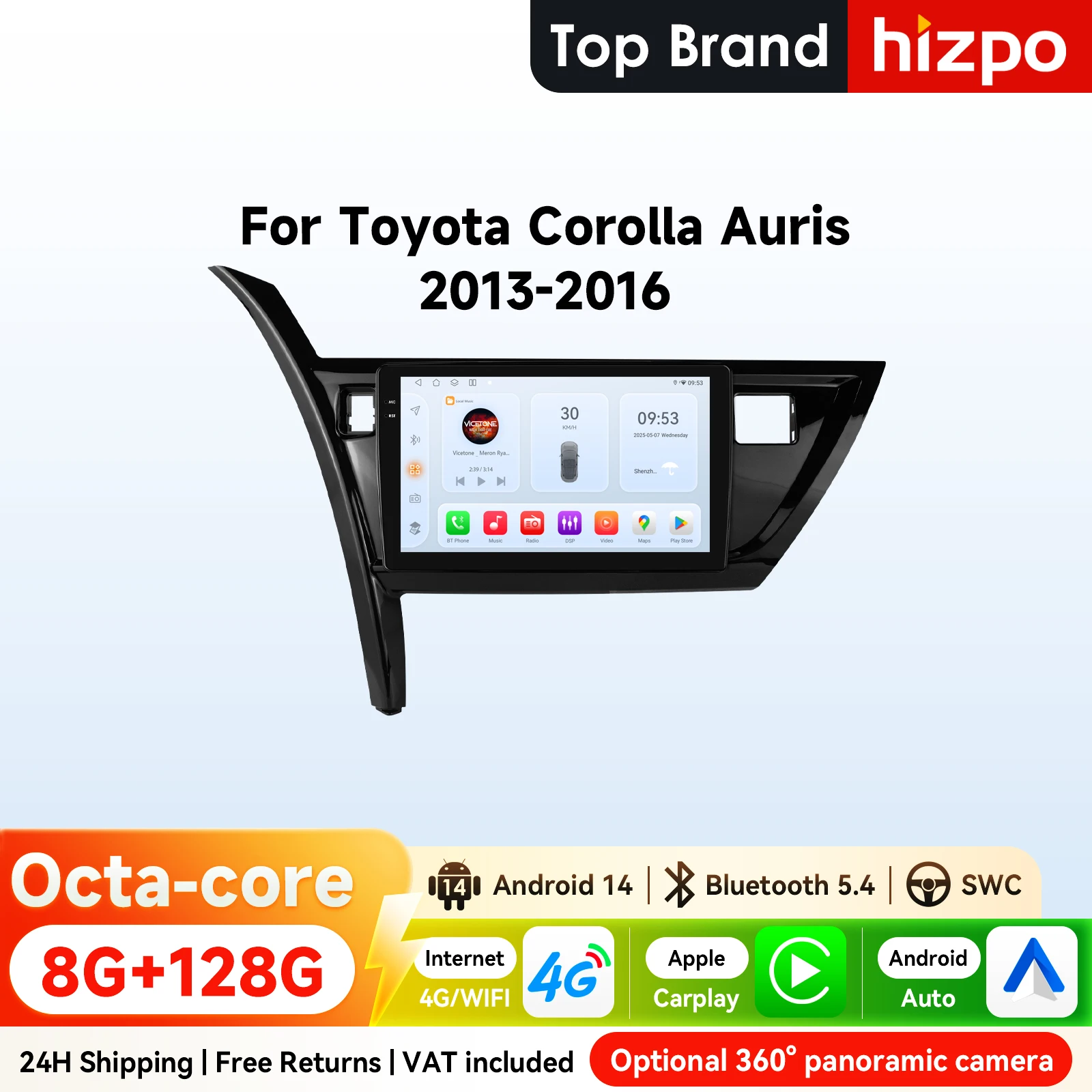 Autoradio Android Hizpo 2Din 10,1 pouces pour Toyota Corolla Auris 2013 - 2016 Snapdragon6115 CarPlay sans fil 4G BT RDS DSP Navigation GPS 360 ° CAM