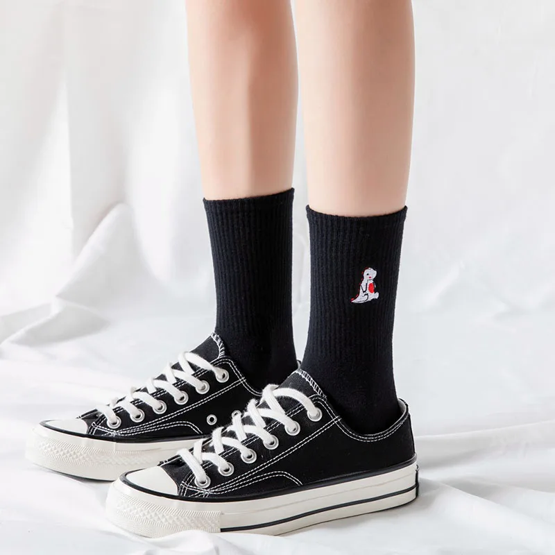 Embroidery Dinosaur Socks Fashion Woman Socks Korea Harajuku Style Kawaii Funny Cartoon Spring Autumn Female Socks Lovely Girl