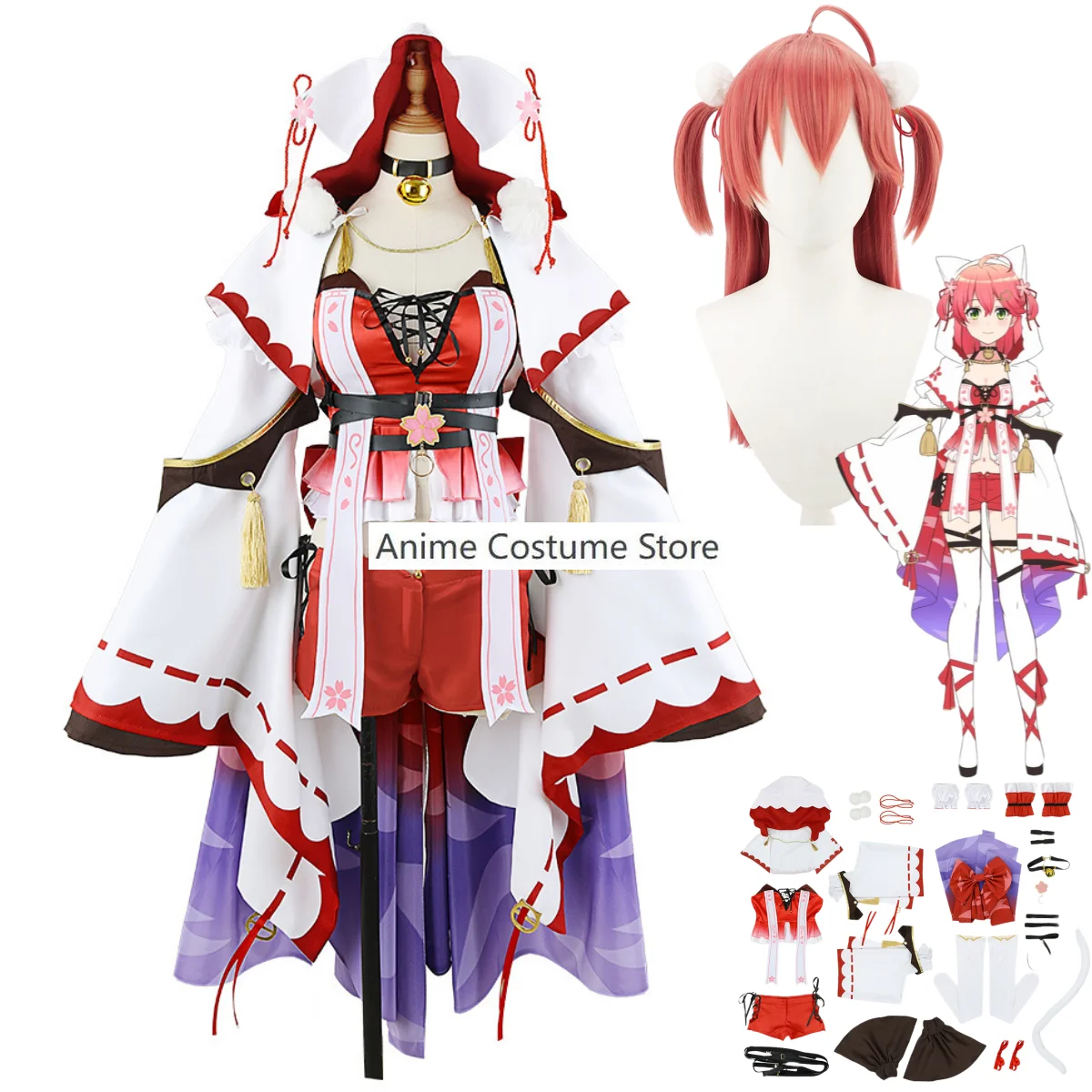 Disfraz de Anime Virtual YouTuber Sakura Miko para mujer, traje de Cosplay de Hololive, peluca, Kimono, falda, capa, Sexy, Kawaii, Carnaval, navidad