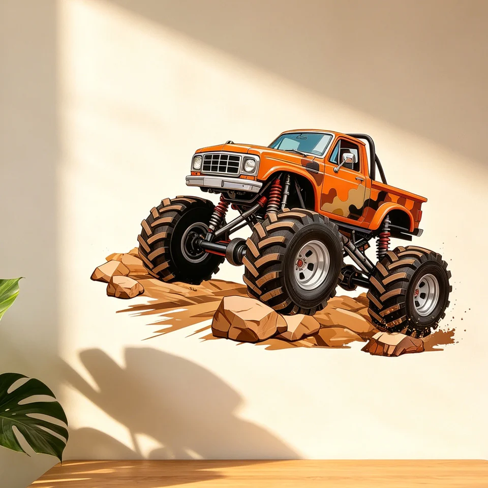 1 orange camouflage monster truck off-road pickup truck large tire rock ground wall sticker