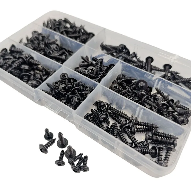 340Pcs Black Cross Round Head Self-Tapping Screw Set Boxed Carbon Steel Self Drilling Fastener Screws for DIY Hardware Repair
