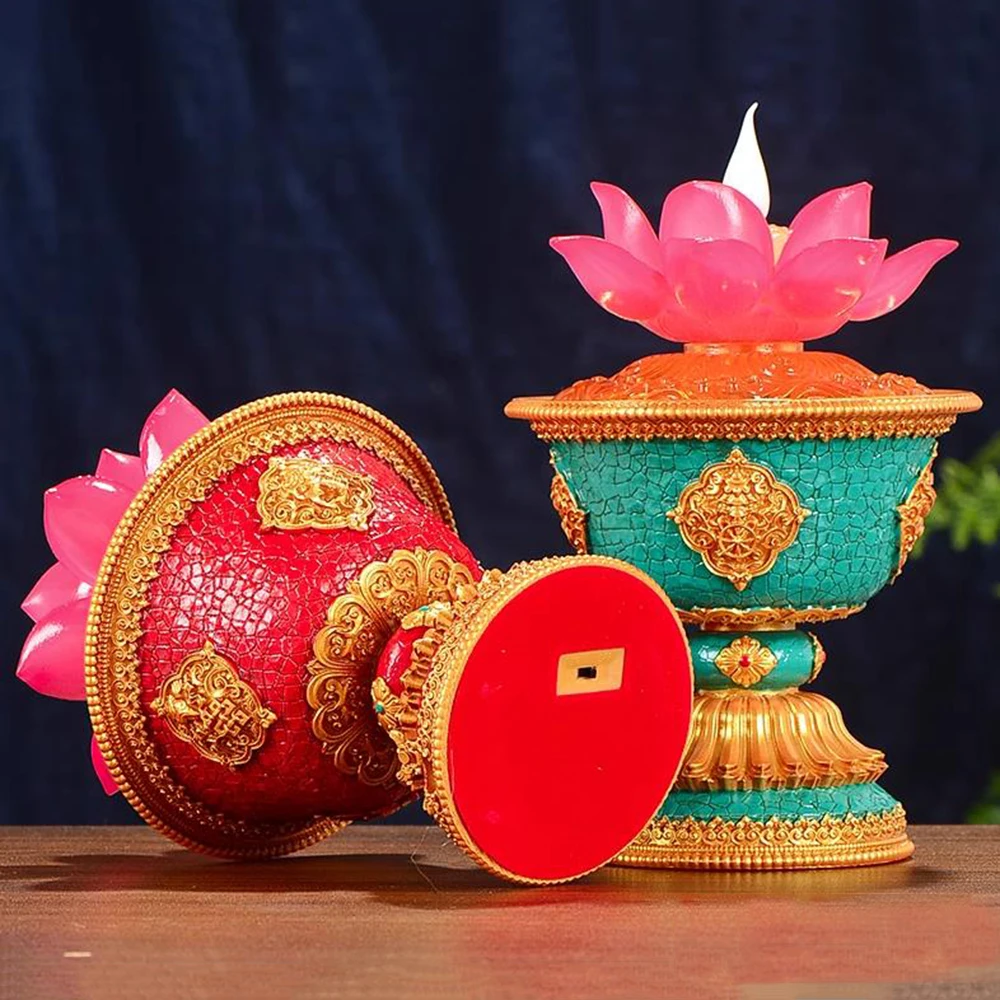 Tibetan Electronic Lotus Lamp, Plug In Style Butter Lamp, Eight Auspicious Symbols Eternal Lamp, LED Altar Offering Lamp Decor