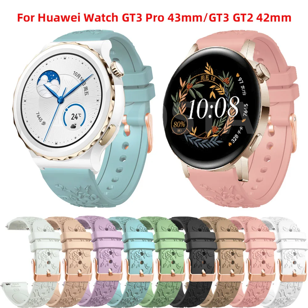 20mm Rose Engrave Watch Band For Huawei Watch GT 3 Pro 43mm Band Wristband Bracelet for Huawei Watch GT 2 GT 3 42mm Strap Correa