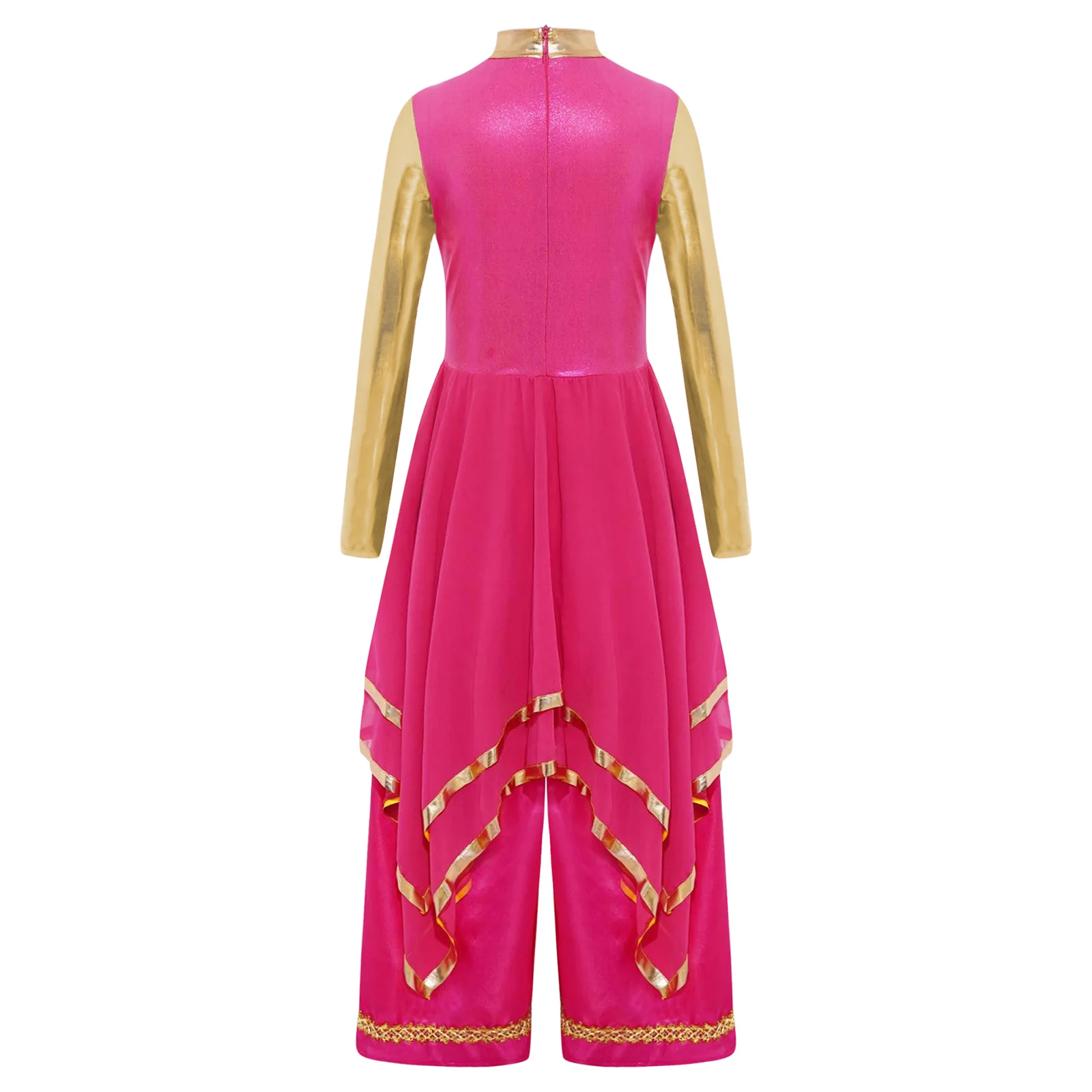 キッズガールズ礼拝典礼舞踊ドレス長袖ゴールドトリムメタリックカラーブロック不規則な裾ドレスとワイドレッグパンツ