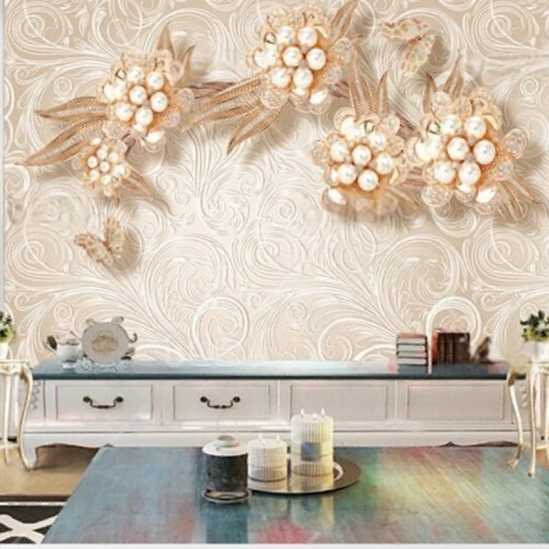 MU9165Custom Murals Wallpaper Luxurious jewelry diamond three-dimensional flower TV home decoration bedroom background wall