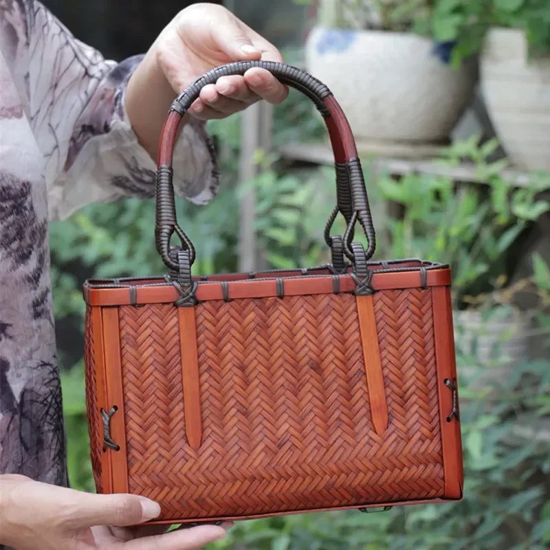 Portable Bamboo Woven Bag Women Handmade Basket Tea Set Storage Craft Wholesale